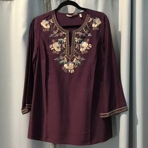 Soft Surroundings Plum Tunic with Floral Embroidery